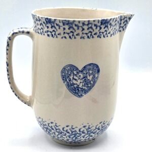 Blue Spongeware Ceramic Pitcher Cow Heart Design Folk Craft Farmhouse Decor